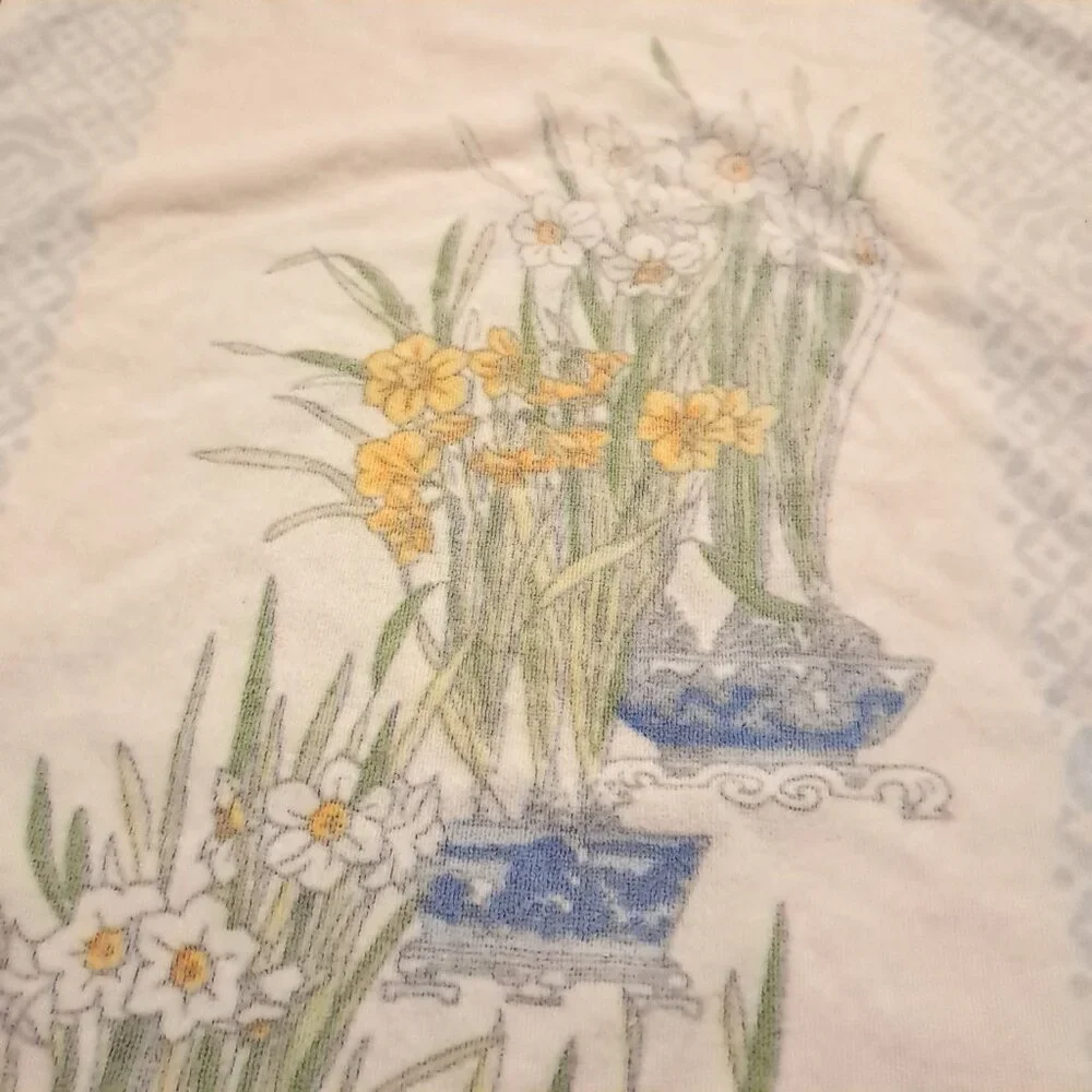 Vintage Fieldcrest daisy daffodil towel set bath washcloth blue‎ white lattice